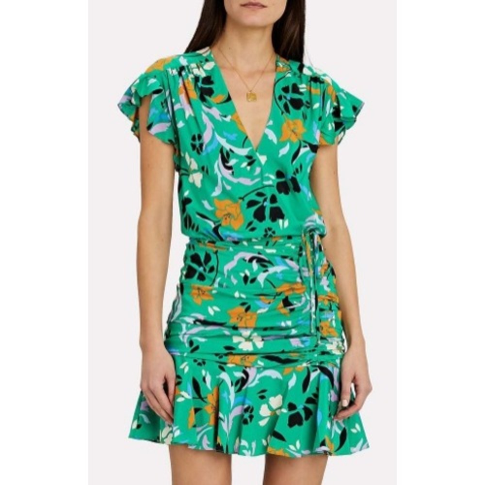 Veronica Beard Marla Mini Dress Green Silk Floral Ruched Ruffle V-Neck Size 12